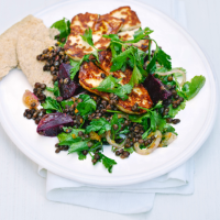 Beetroot, lentil, parsley and halloumi salad