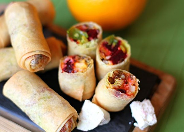 Beetroot, lentil, squash and paneer spring rolls