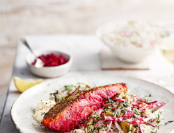 Beetroot-marinated salmon with dill pickled rice salad