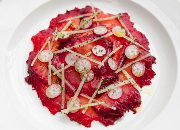Beetroot-marinated salmon with radish salad