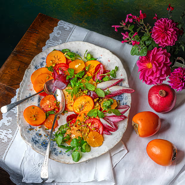 Beetroot, orange, tomato, persimmon, pomegranate, pistachio and mint salad