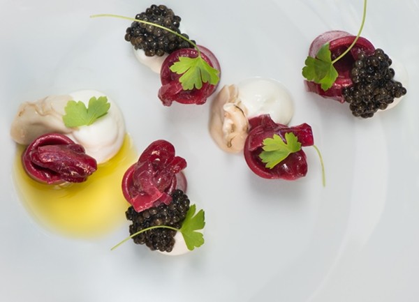 Beetroot pasta, red onion, yoghurt, oysters and caviar 