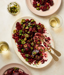 Beetroot pkhali with olive salsa