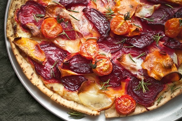 Beetroot, potato & kumara pizza with rosemary