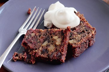 Beetroot, raisin & walnut cake with bourbon cream