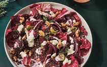 Beetroot, red onion and black lentils with dill-sour cream 