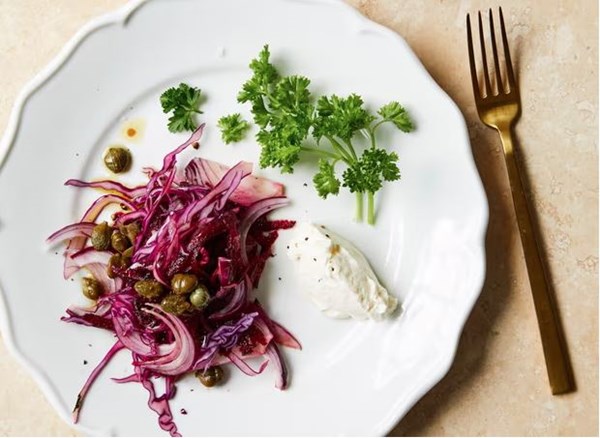 Beetroot, red onion, red cabbage, crème fraîche and chervil