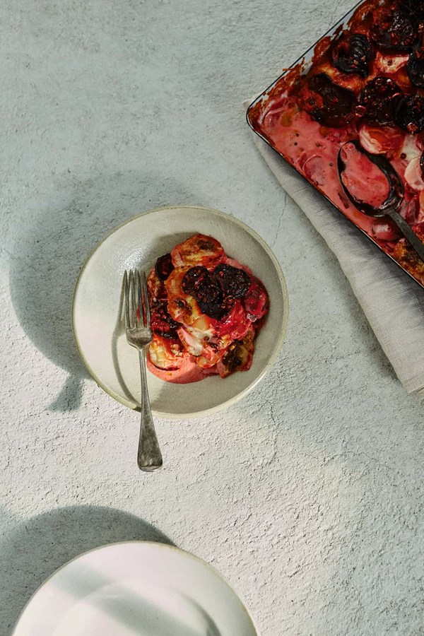 Beetroot, rhubarb and potato gratin