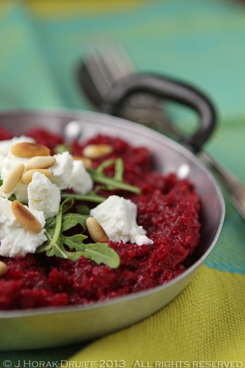 Beetroot risotto with goat’s cheese and pine-nuts