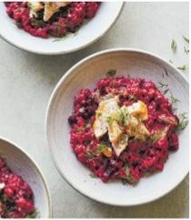 Beetroot risotto with hot smoked salmon