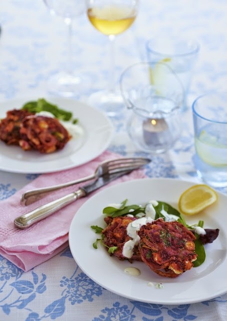 Beetroot, rocket and feta fritters