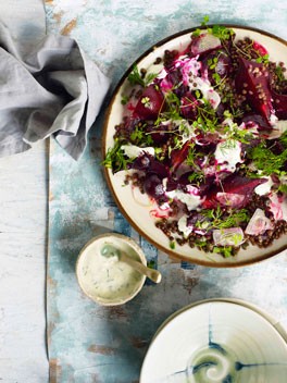 Beetroot salad with lentils and yoghurt dressing