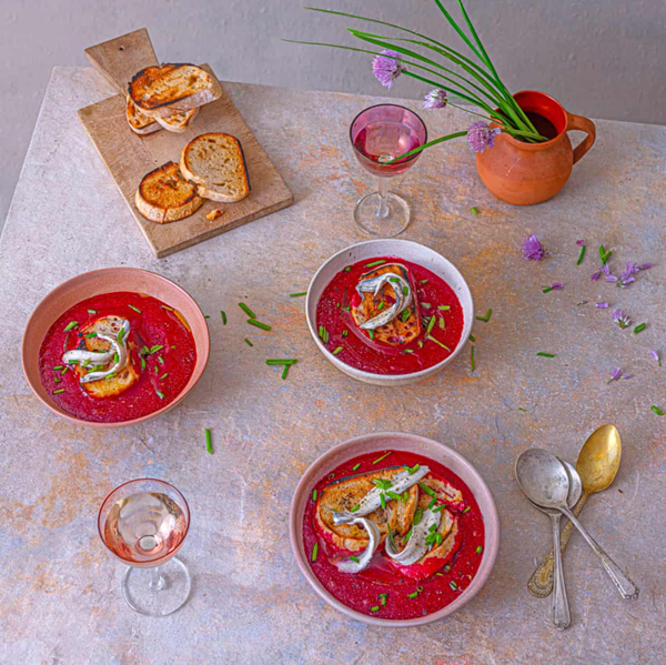 Beetroot salmorejo with anchovy toasts