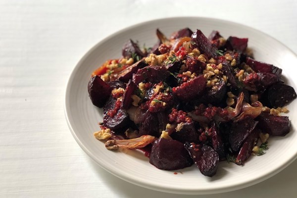  Beetroot, shallot and thyme salad with raspberry dressing and toasted walnuts