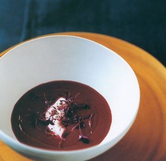 Beetroot soup with crème fraîche and goat's cheese