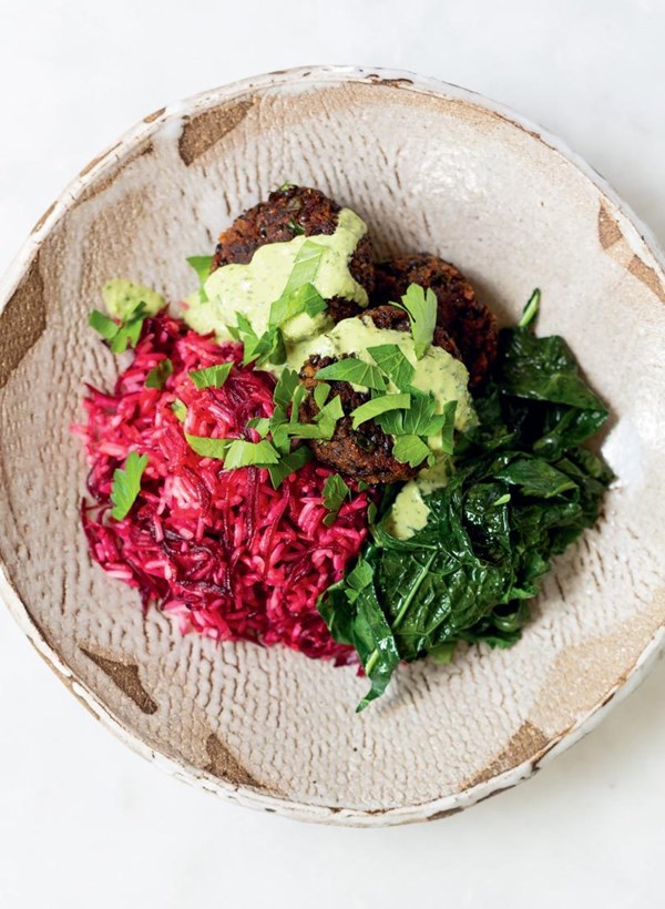 Beetroot stained rice bowl