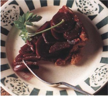 Beetroot tart with cream cheese and caraway pastry