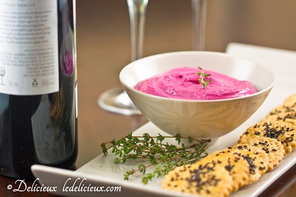 Beetroot, thyme & feta dip with chickpea & black sesame crackers