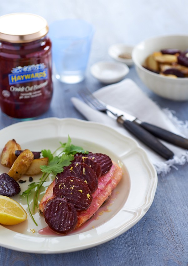 Beetroot with baked salmon with roasted new potatoes