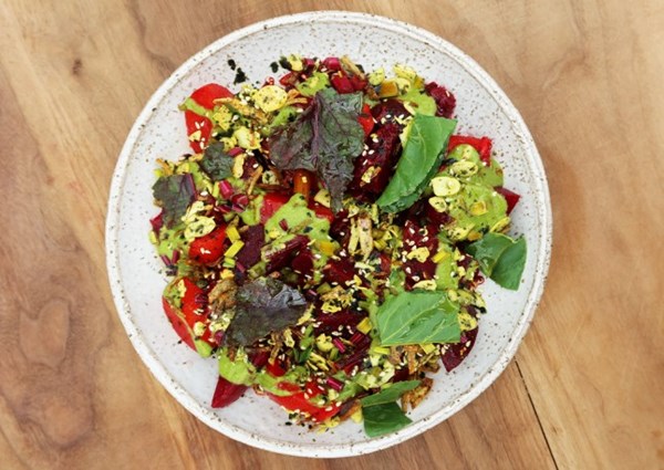Beetroot with green miso dressing and nori almonds