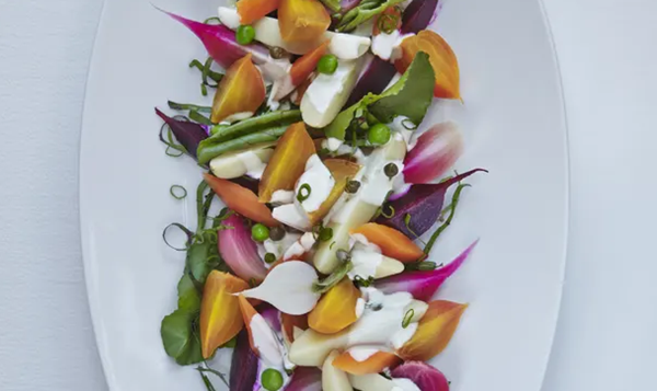 Beetroot with potatoes, turnips, carrots and peas (Russian salad)