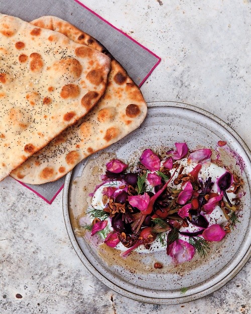Beets and yogurt with pickled rose petals