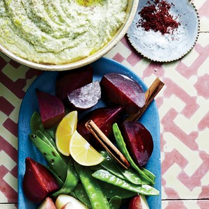 Beets, snow peas, and new potatoes with garlic-parsley skordalia