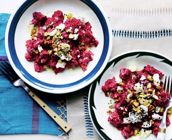Beets with goat cheese, nigella seeds, and pistachios