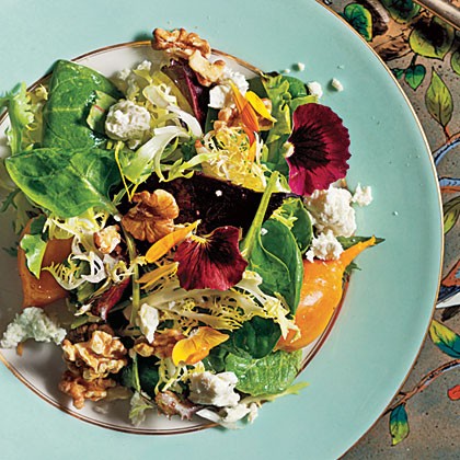 Beets with walnuts, goat cheese, and baby greens