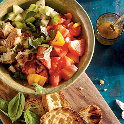 Bell pepper, tomato, cucumber. and grilled bread salad
