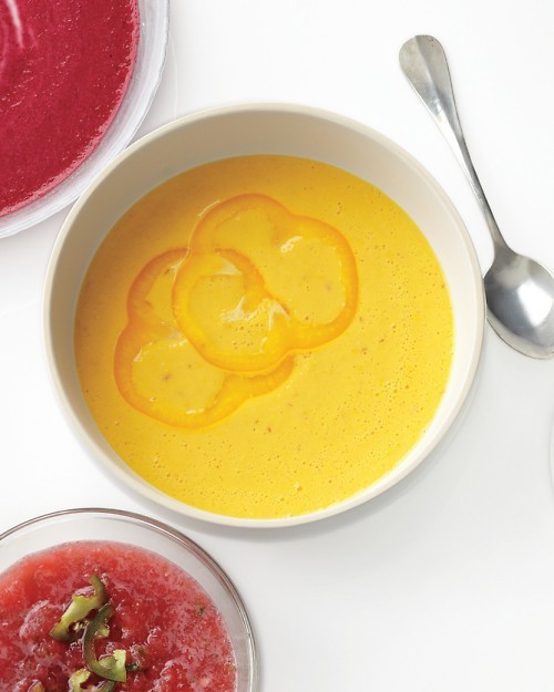 Bell pepper, yogurt, and harissa soup