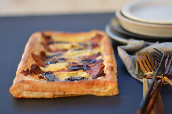 Belly bacon, Brie and quince tart
