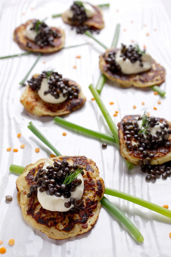 Beluga lentil 'caviar' with potato blini