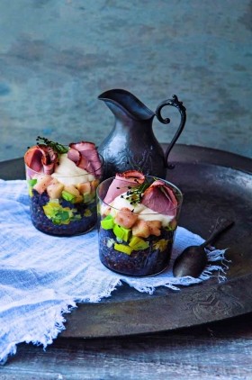 Beluga lentils with leeks, black pudding, Bramley apple and smoked duck