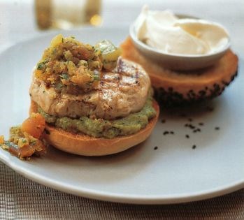 Bengali chicken burger with cucumber and tomato achaar and Asian guacamole