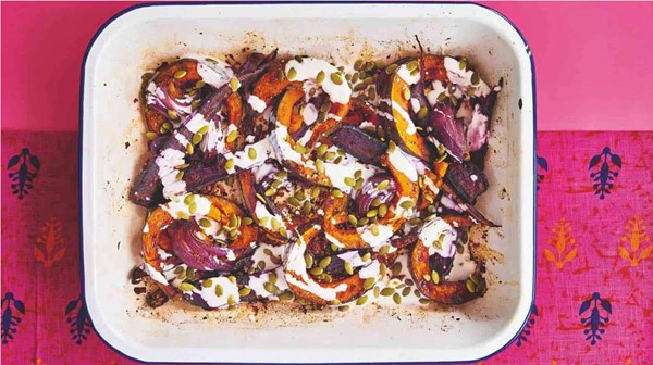 Bengali five-spice roasted squash with carrots & pumpkin seeds