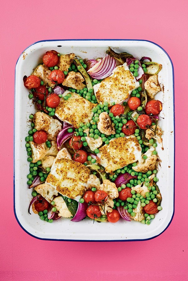 Bengali mustard fish with cauliflower & peas