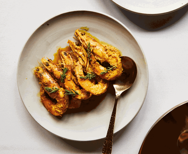 Bengali prawns and seablite (Shorshe chingri)