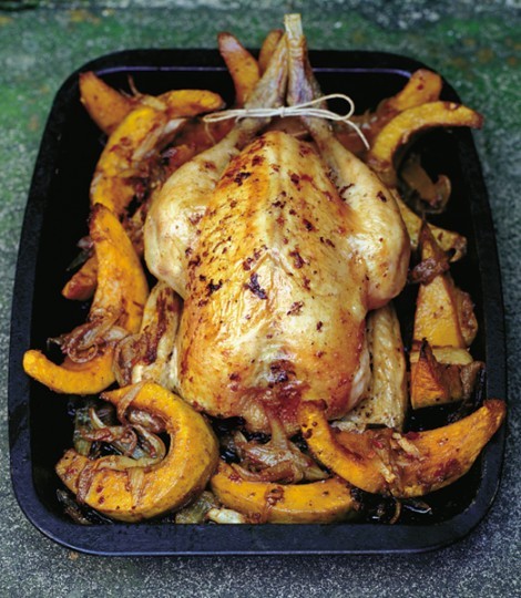 Bengali-spiced squash with ginger-roasted chicken