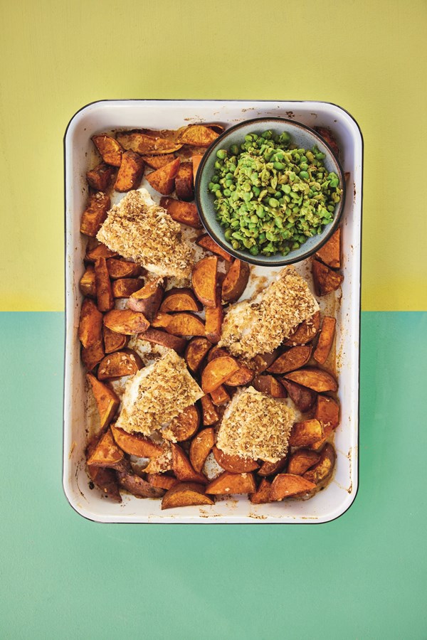 Bengali-style mustard fish with crushed peas & spiced sweet potato