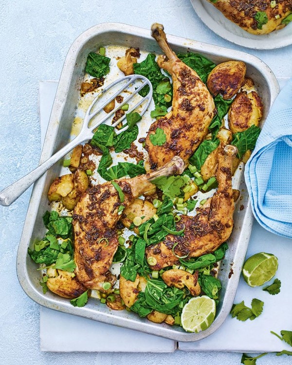 Berbere-spiced chicken, potato and greens tray-roast