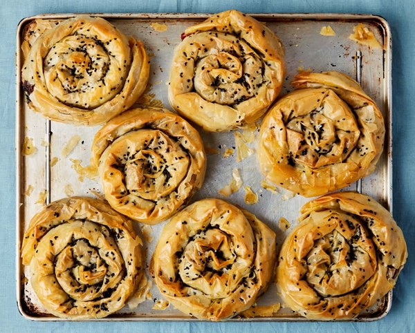 Berbere-spiced lamb and potato filo 'snails'