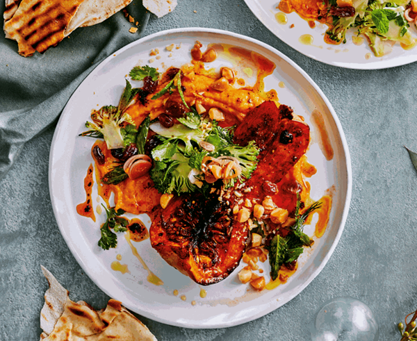 Berbere-spiced pumpkin with broccoli fatteh