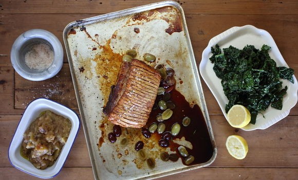 Berkshire pork loin with cavolo nero, verjuice and grapes with Granny Smith sauce