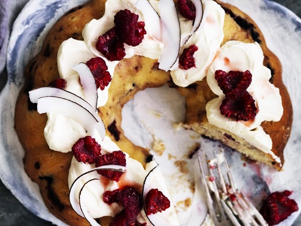 Berry and lime cake with whipped coconut cream