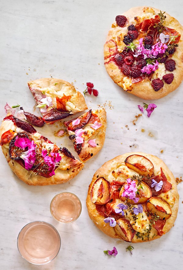 Berry and stone fruit ricotta pizzas