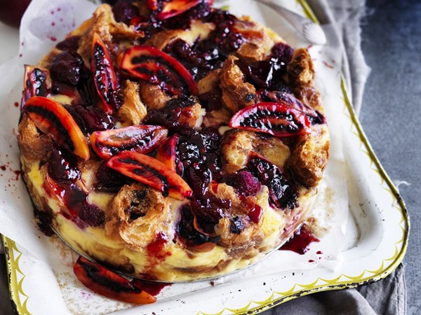 Berry and tamarillo croissant pudding cake