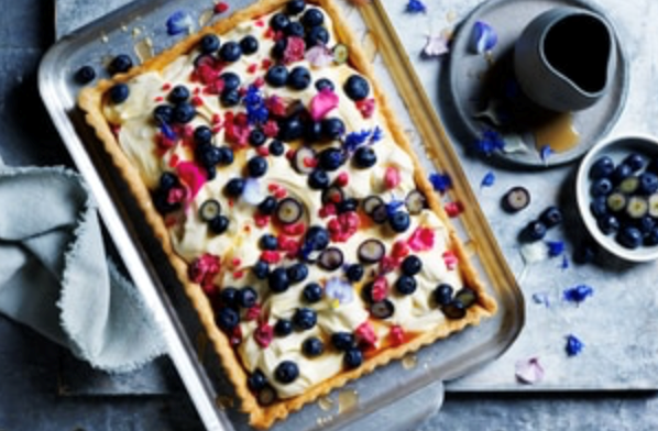 Berry and white choc mascarpone tart with ginger lemon syrup