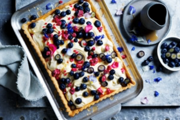Berry and white choc mascarpone tart with ginger lemon syrup
