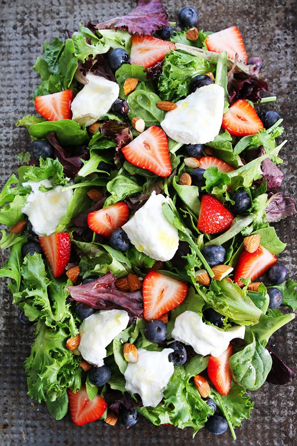 Berry, burrata, and almond salad